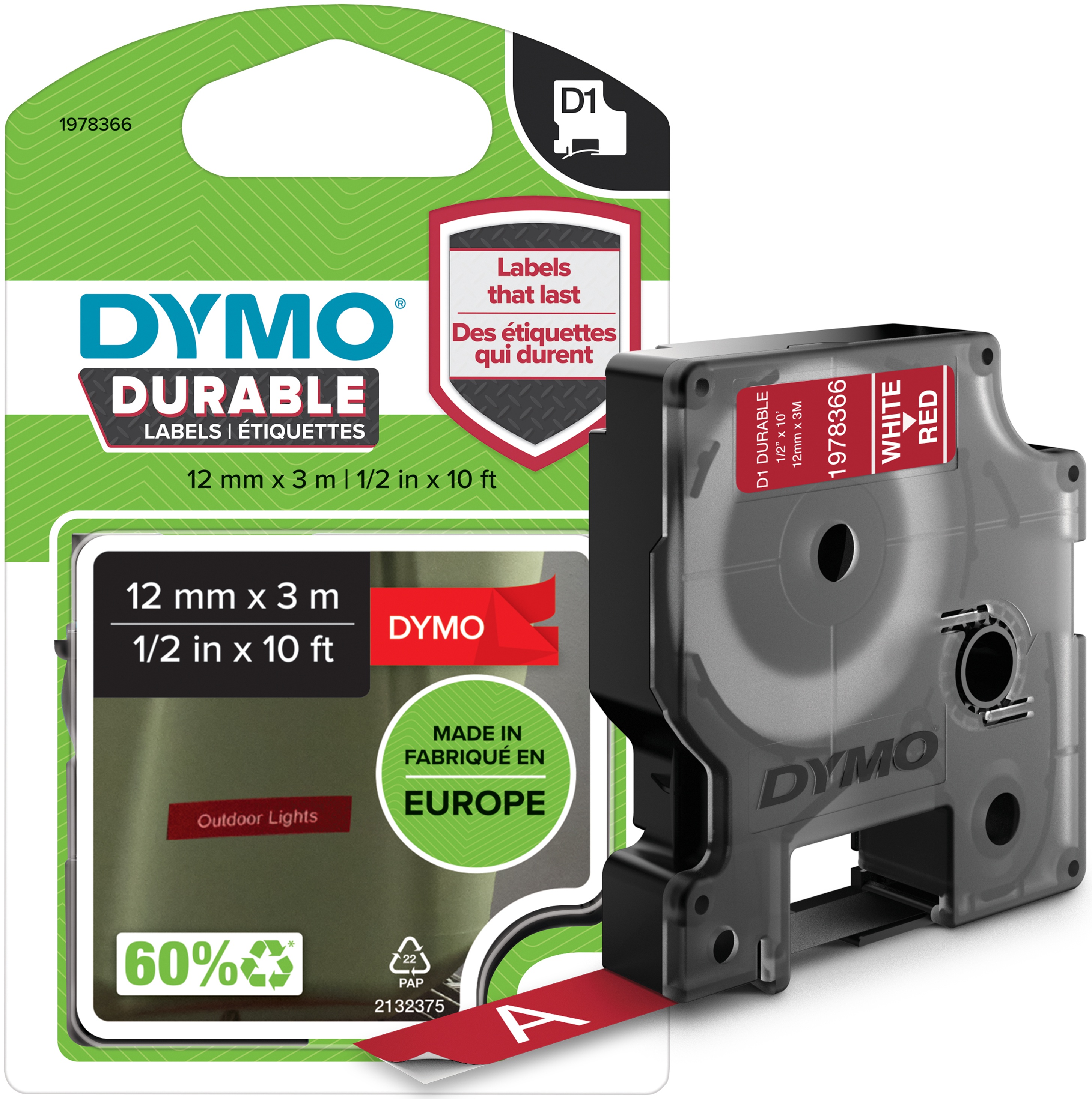 Dymo Schriftband D1 1978366 | 12 mm | Weiß auf Rot | 3 m