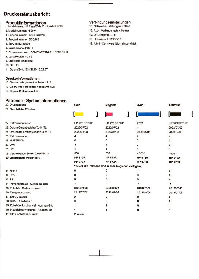 Druckerstatusbericht beim HP PageWide Pro 452dw ausdrucken