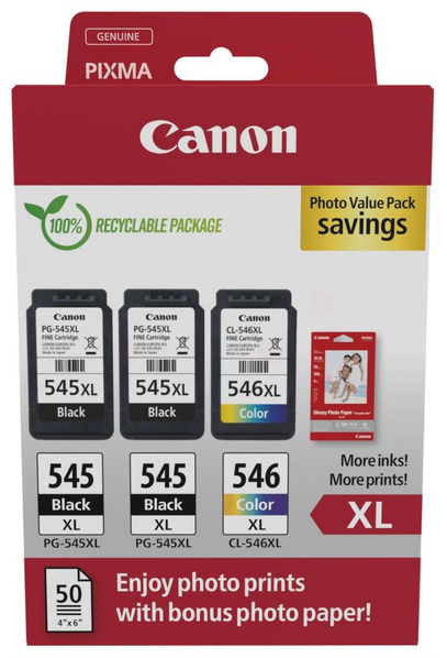 Canon PG-545XLx2/CL-546XL  schwarz, color Druckköpfe + Fotopapier, 3er-Set