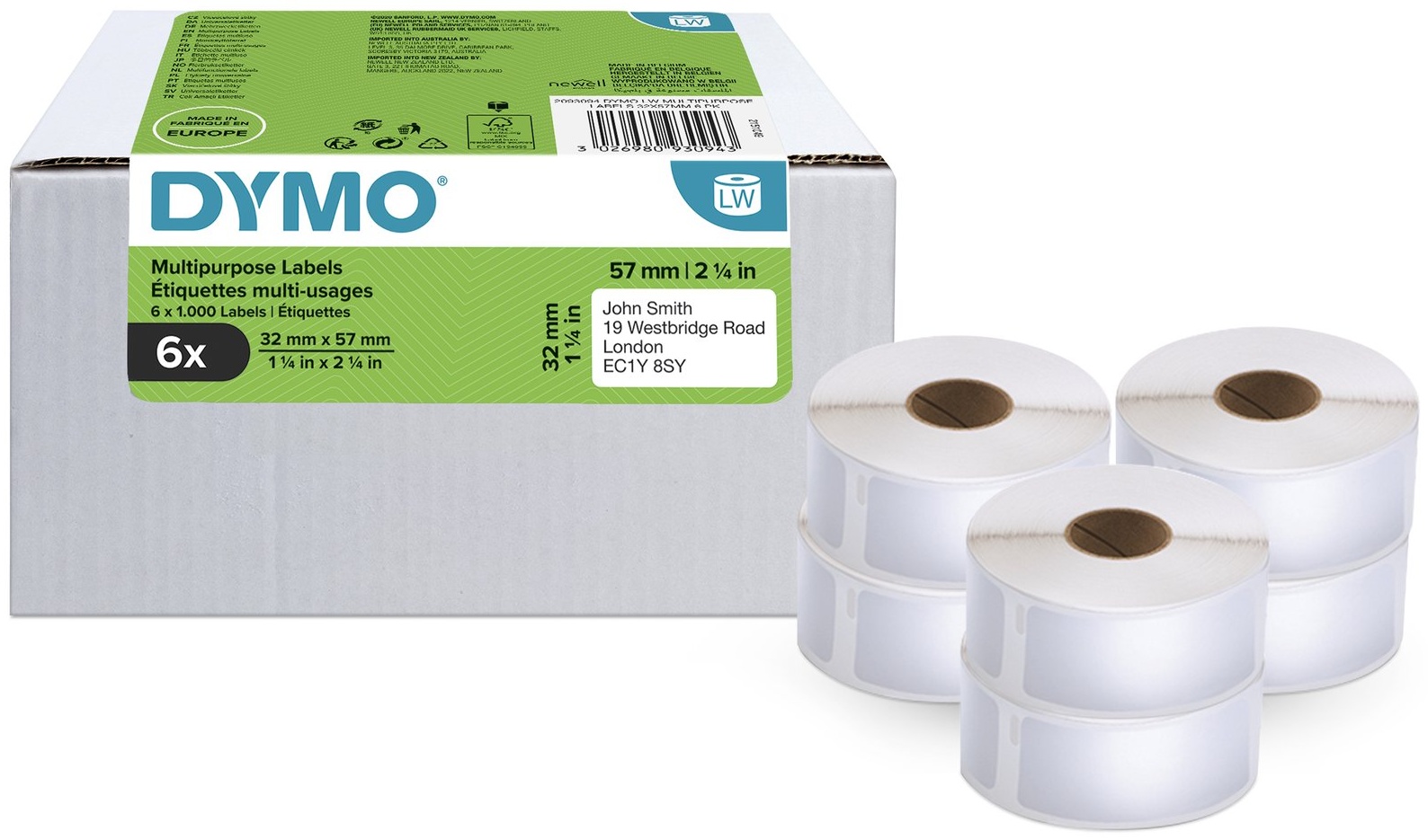 Dymo Etikettenrolle S0722540 (6 Rollen) | 57x32 mm | Weiß