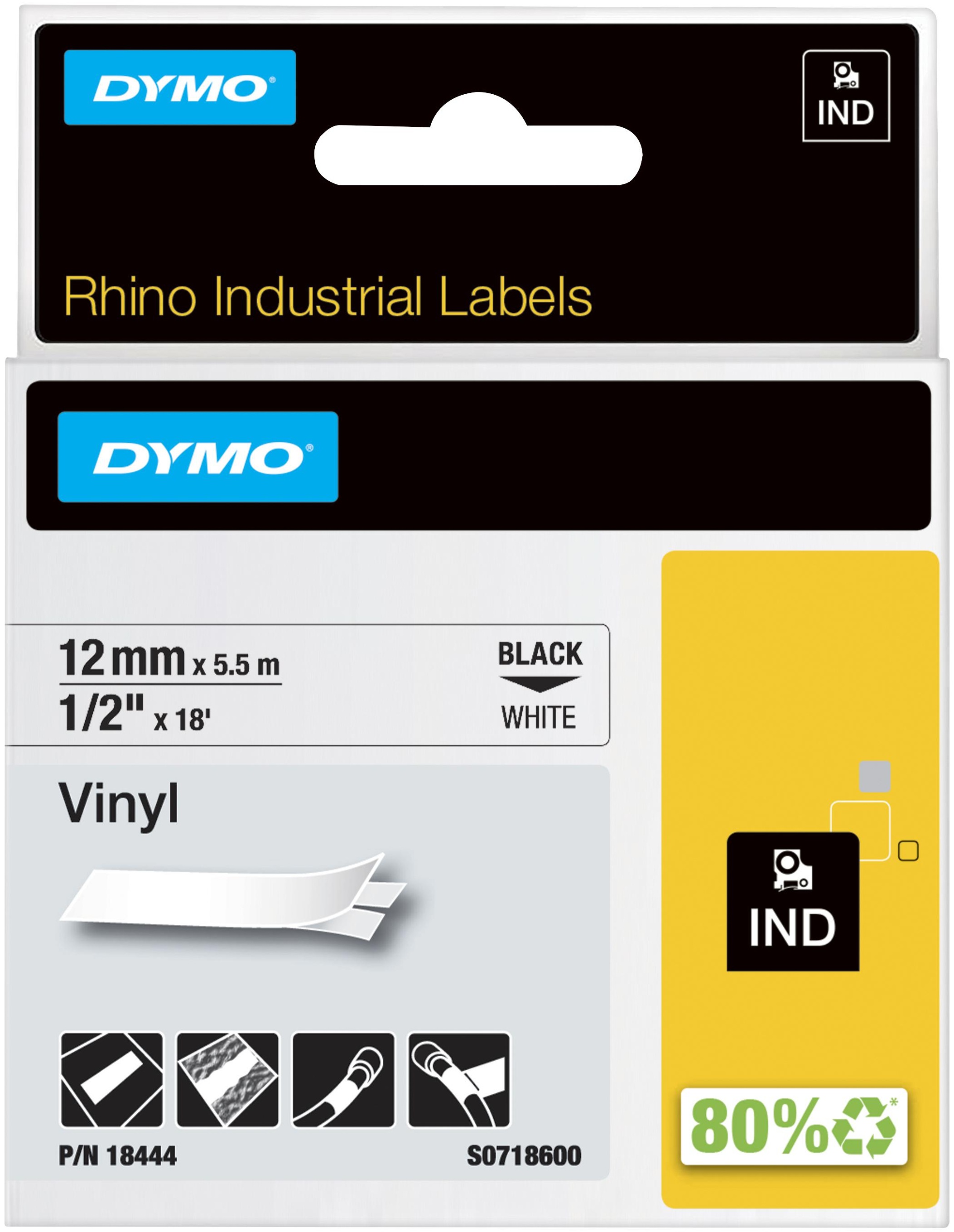 Dymo Schriftband RHINO 18444 | 12 mm | Schwarz auf Weiß | 5.5 m