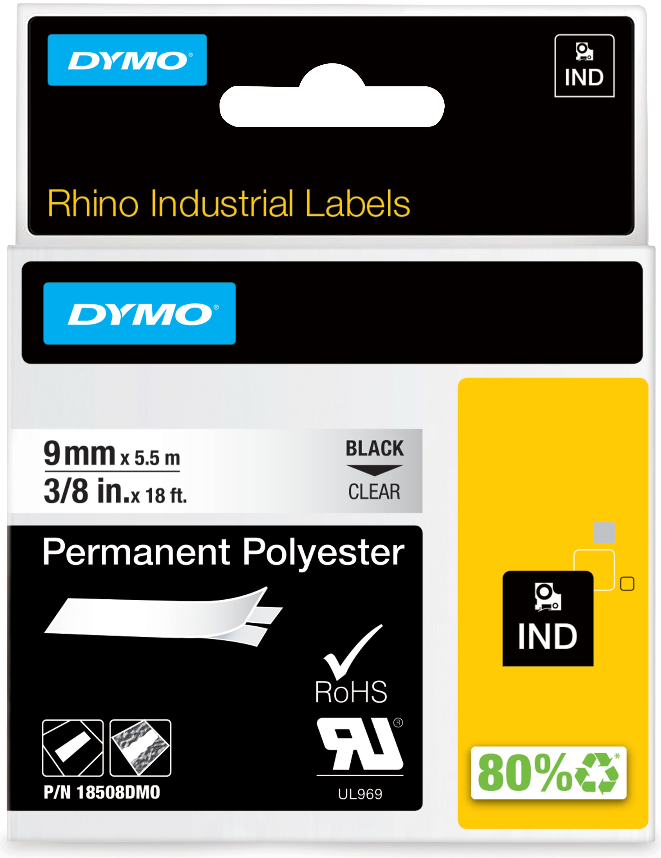 Dymo Schriftband RHINO 18508 | 9 mm | Schwarz auf Transparent | 5.5 m