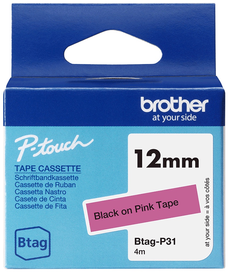 Brother Schriftband Btag BTAGP31 | 12 mm | Schwarz auf Pink | 4 m