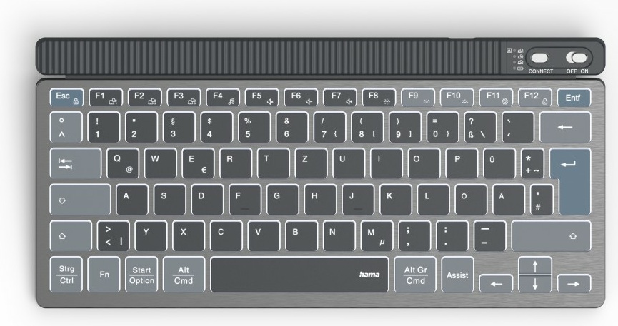 Hama WK-700 Tastatur | Bluetooth | QWERTZ (DE) | ohne Ziffernblock | beleuchtet | Akku | Grau