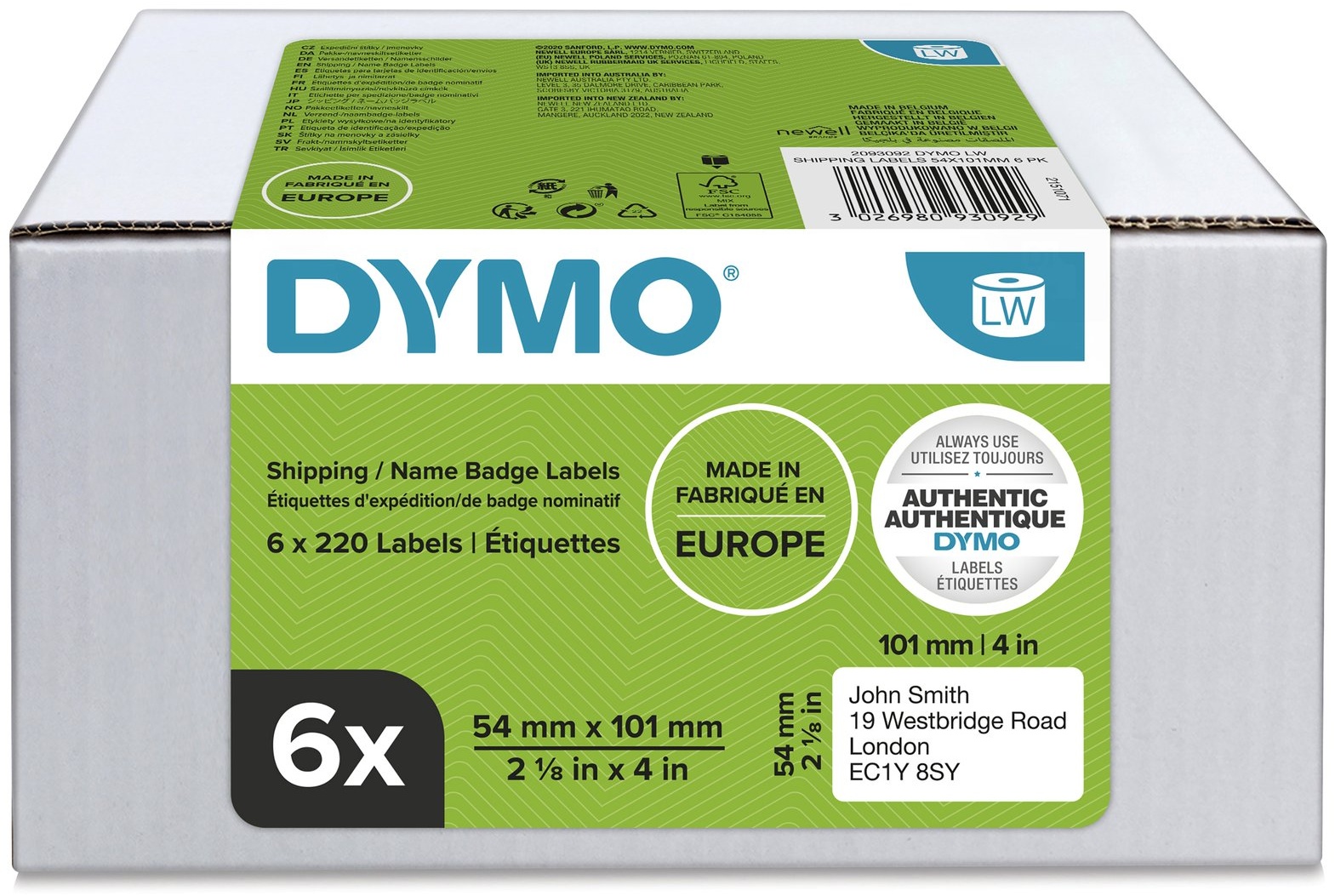 Dymo Etikettenrolle S0722430 (6 Rollen) | 54x101 mm | Weiß