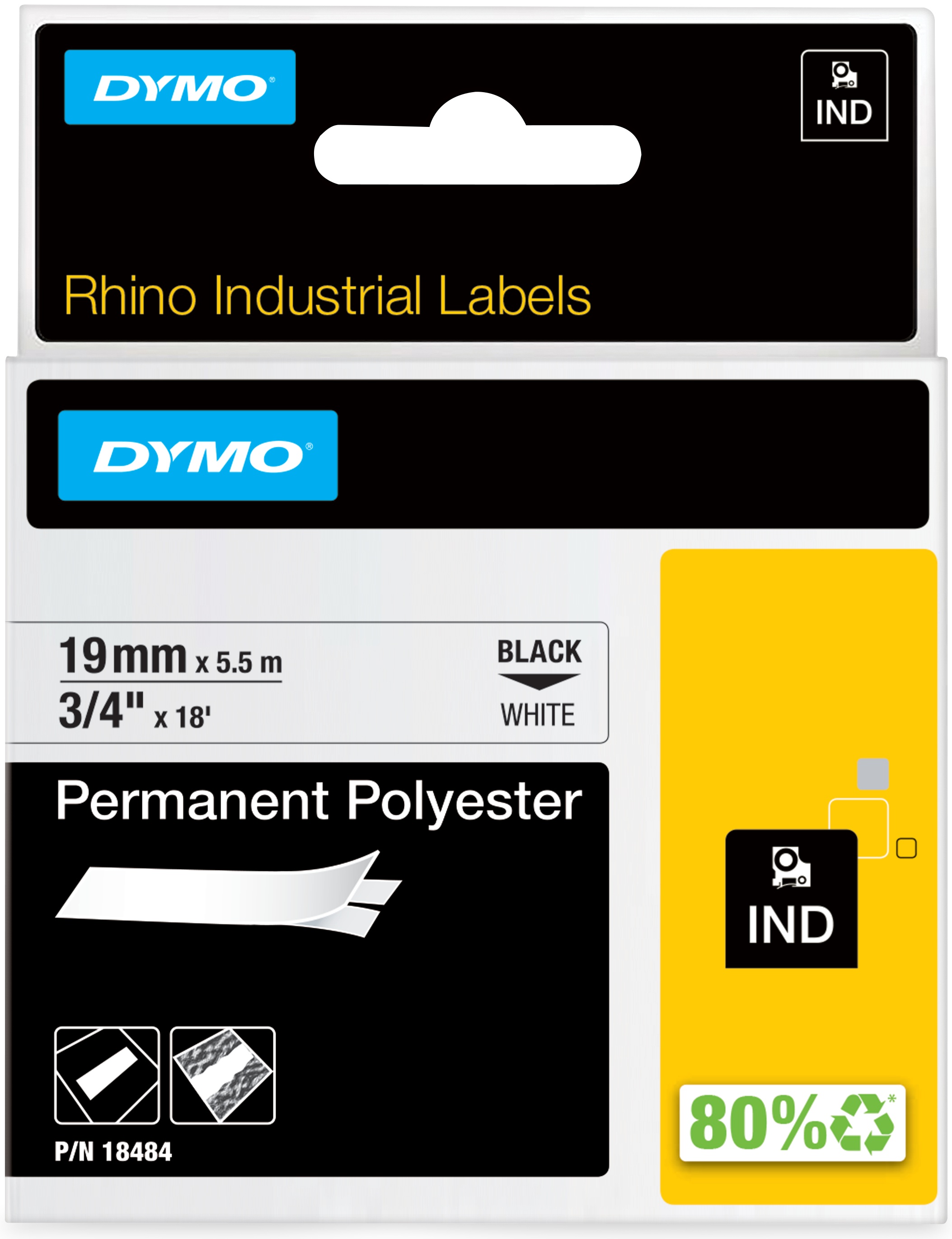 Dymo Schriftband RHINO 18484 | 19 mm | Schwarz auf Weiß | 5.5 m