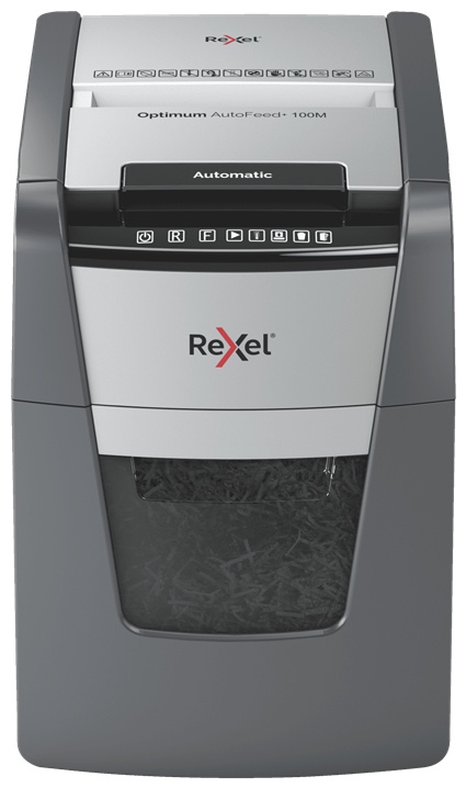 Rexel Optimum Auto+ 100M Aktenvernichter | P-5 Mikroschnitt | 100 Blatt Autofeed | 34 l | Schwarz/Grau