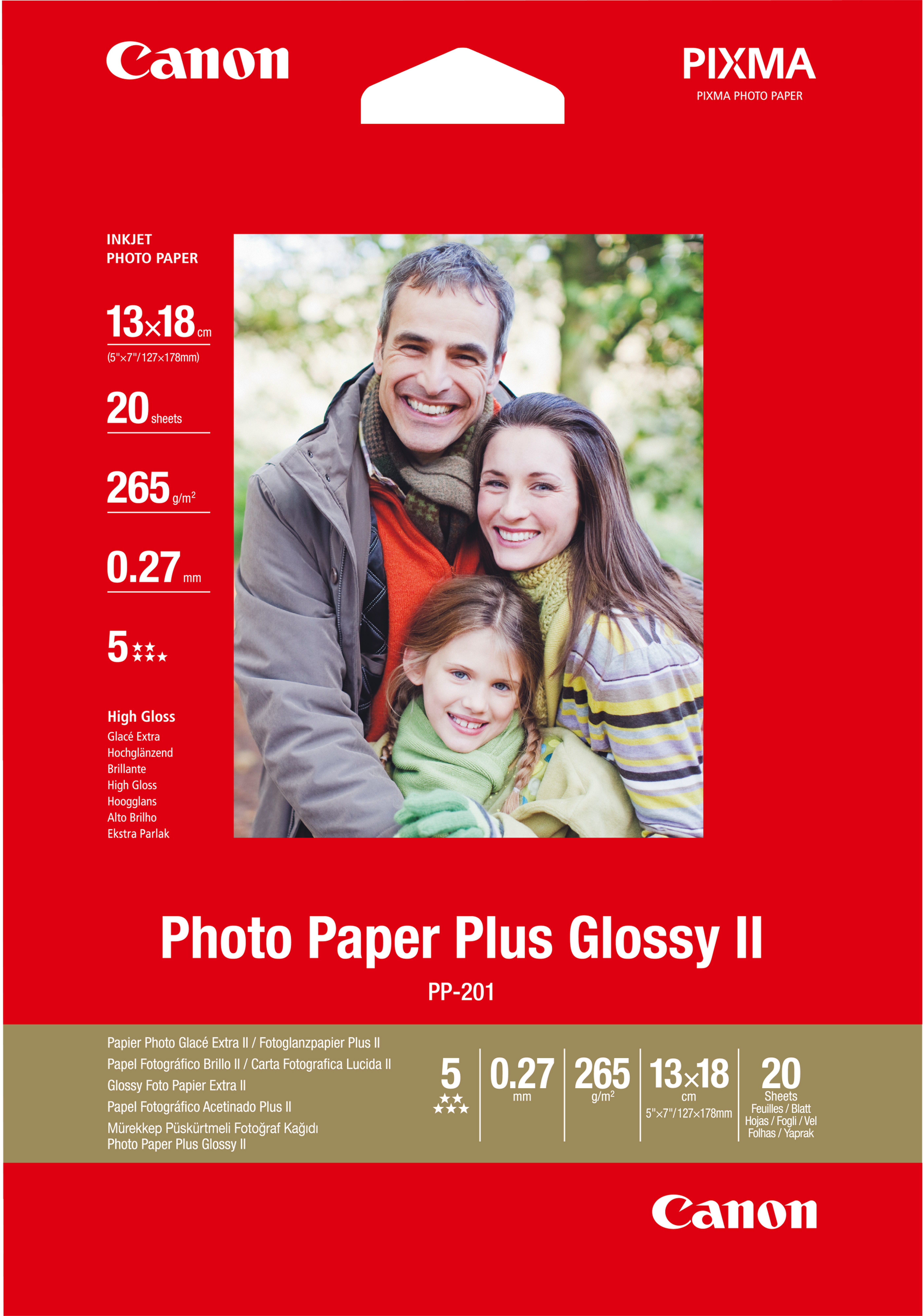 Canon Fotopapier PP-201 Hochglänzend | 13x18 cm | 265 g/m² | 20 Blatt