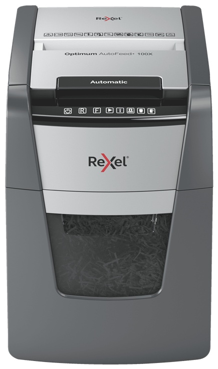 Rexel Optimum AutoFeed+ 100X Aktenvernichter | P-4 Partikelschnitt | 100 Blatt Autofeed | 34 l | Schwarz/Grau
