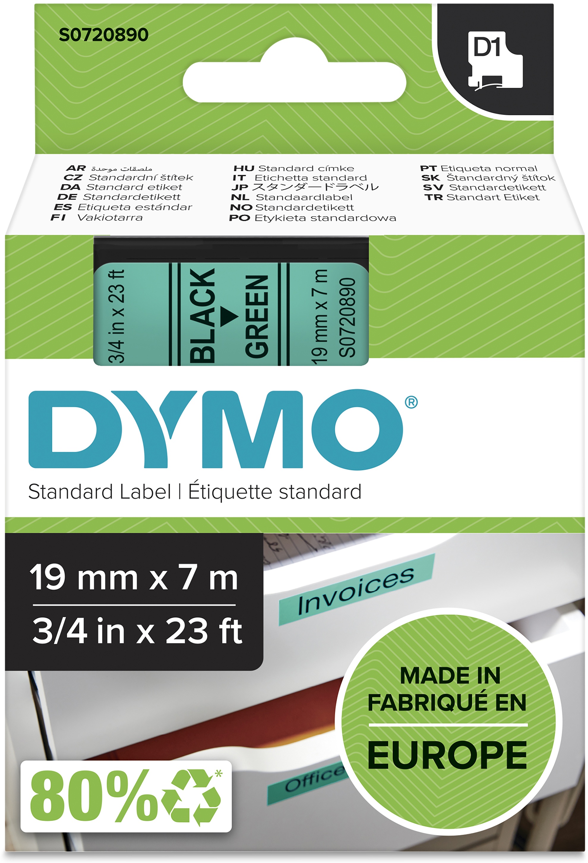 Dymo Schriftband D1 S0720890 | 19 mm | Schwarz auf Grün | 7 m