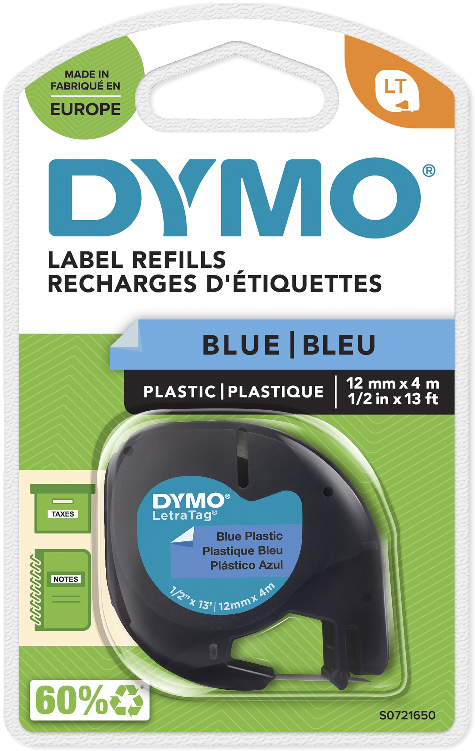 Dymo Schriftband LetraTag 91225 | 12 mm | Schwarz auf Blau | 4 m