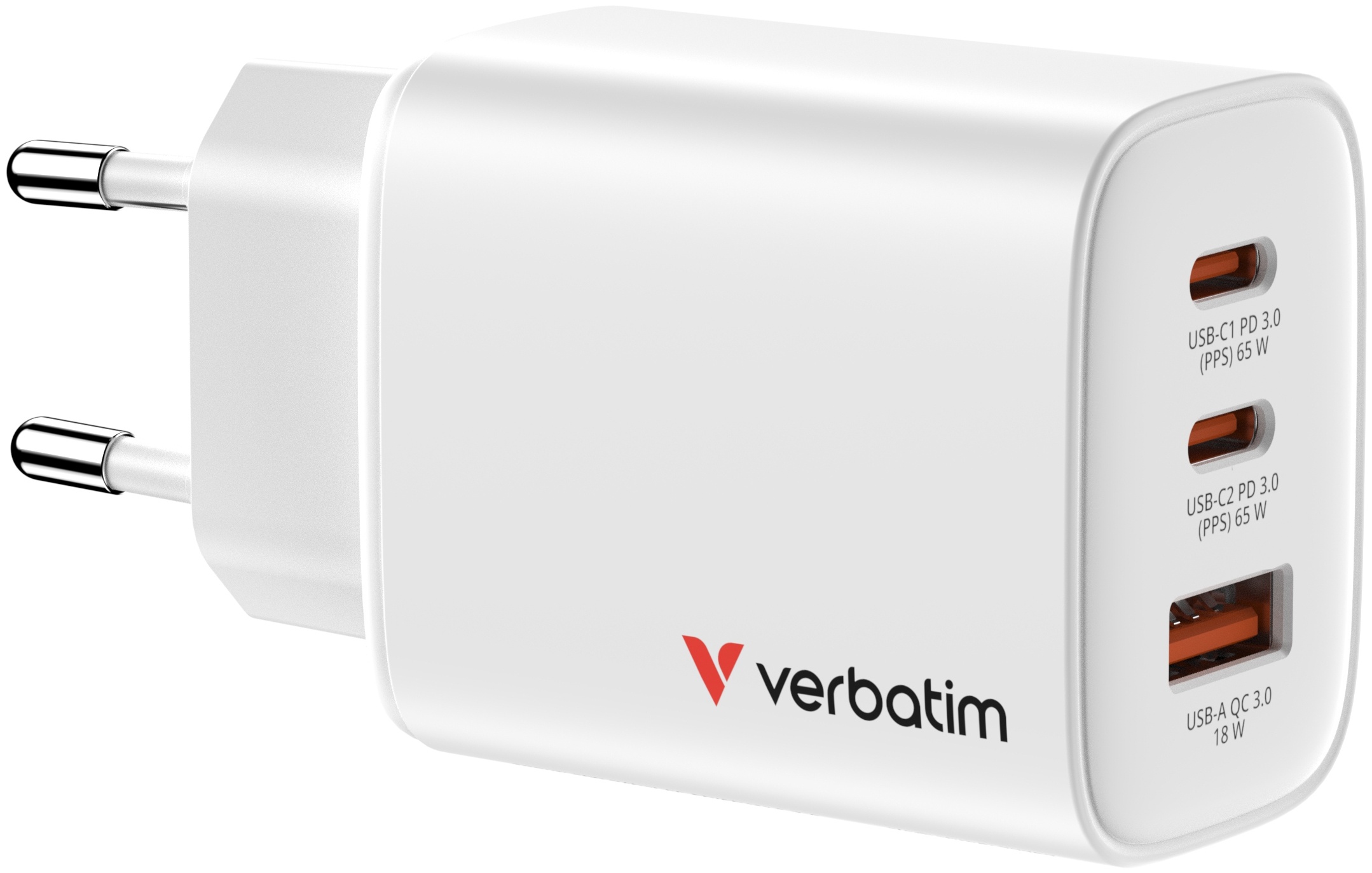 Verbatim Ladeadapter Essential 2× USB-C + USB-A 65 W Weiß