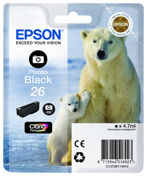 Original Epson 26 | C13T26114012 Tinte Foto Schwarz