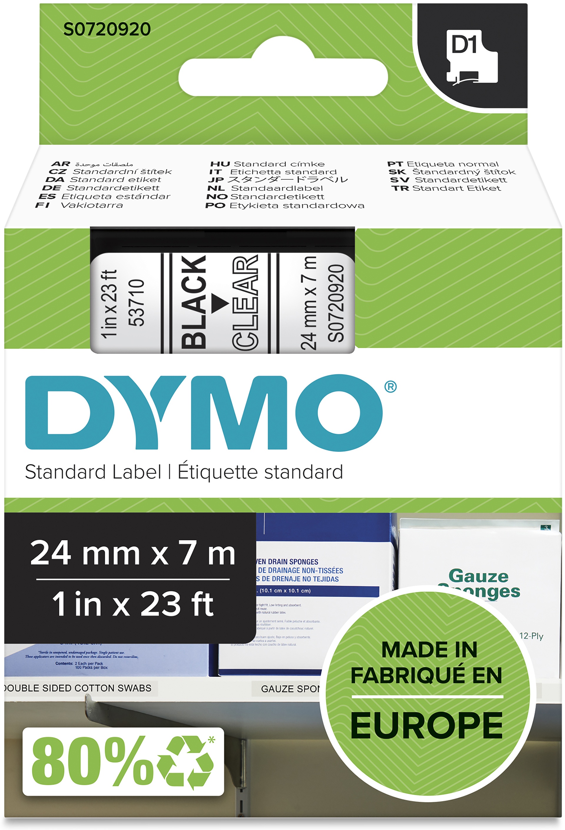 Dymo Schriftband D1 53710 | 24 mm | Schwarz auf Transparent | 7 m