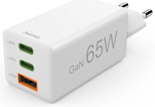 Hama GaN-Ladeadapter 2× USB-C + USB-A 65 W Weiß