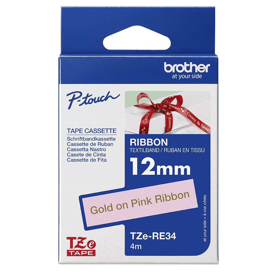 Brother Schriftband TZe-RE34 | 12 mm | Gold auf Rosa | 4 m