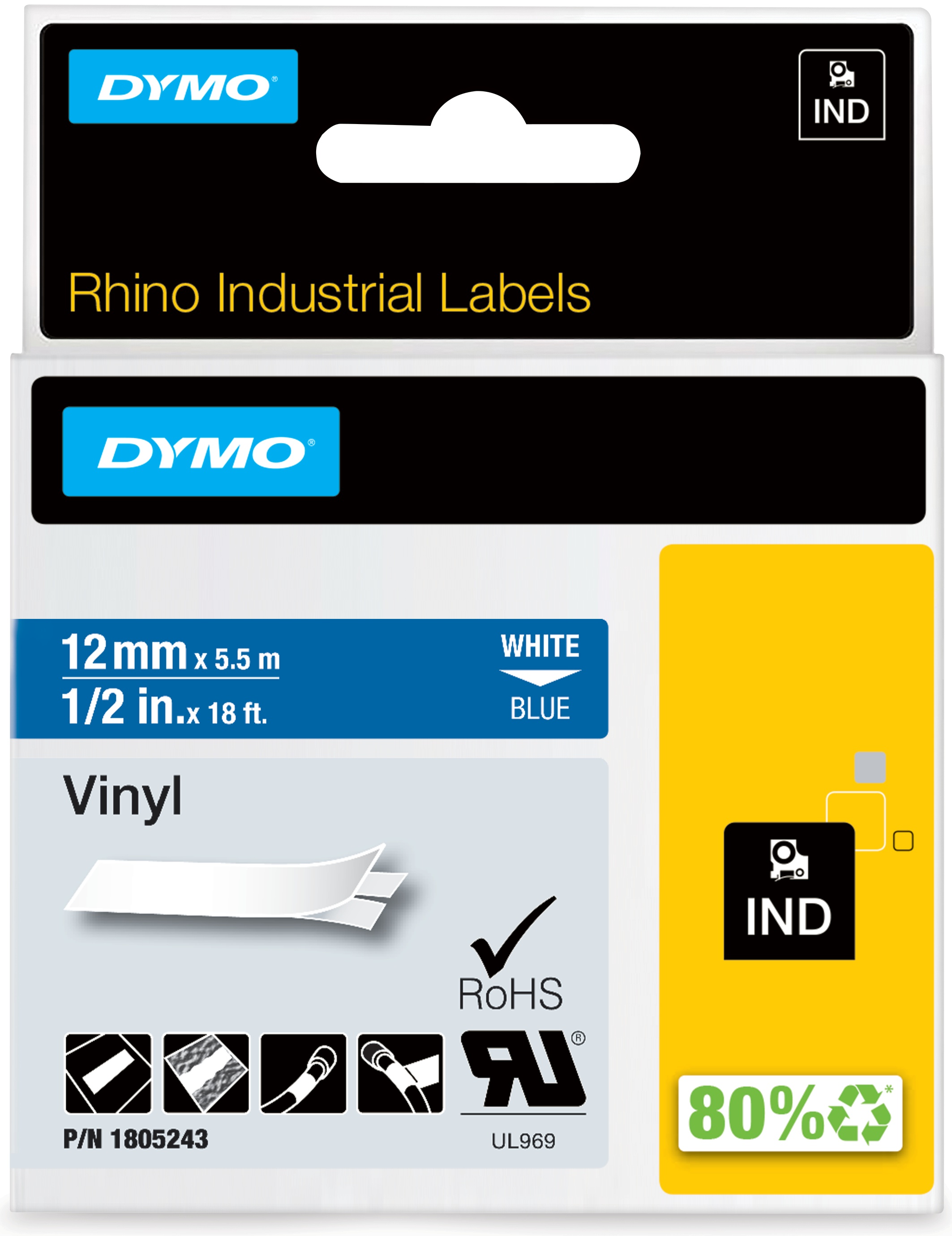 Dymo Schriftband RHINO 1805243 | 12 mm | Weiß auf Blau | 5.5 m