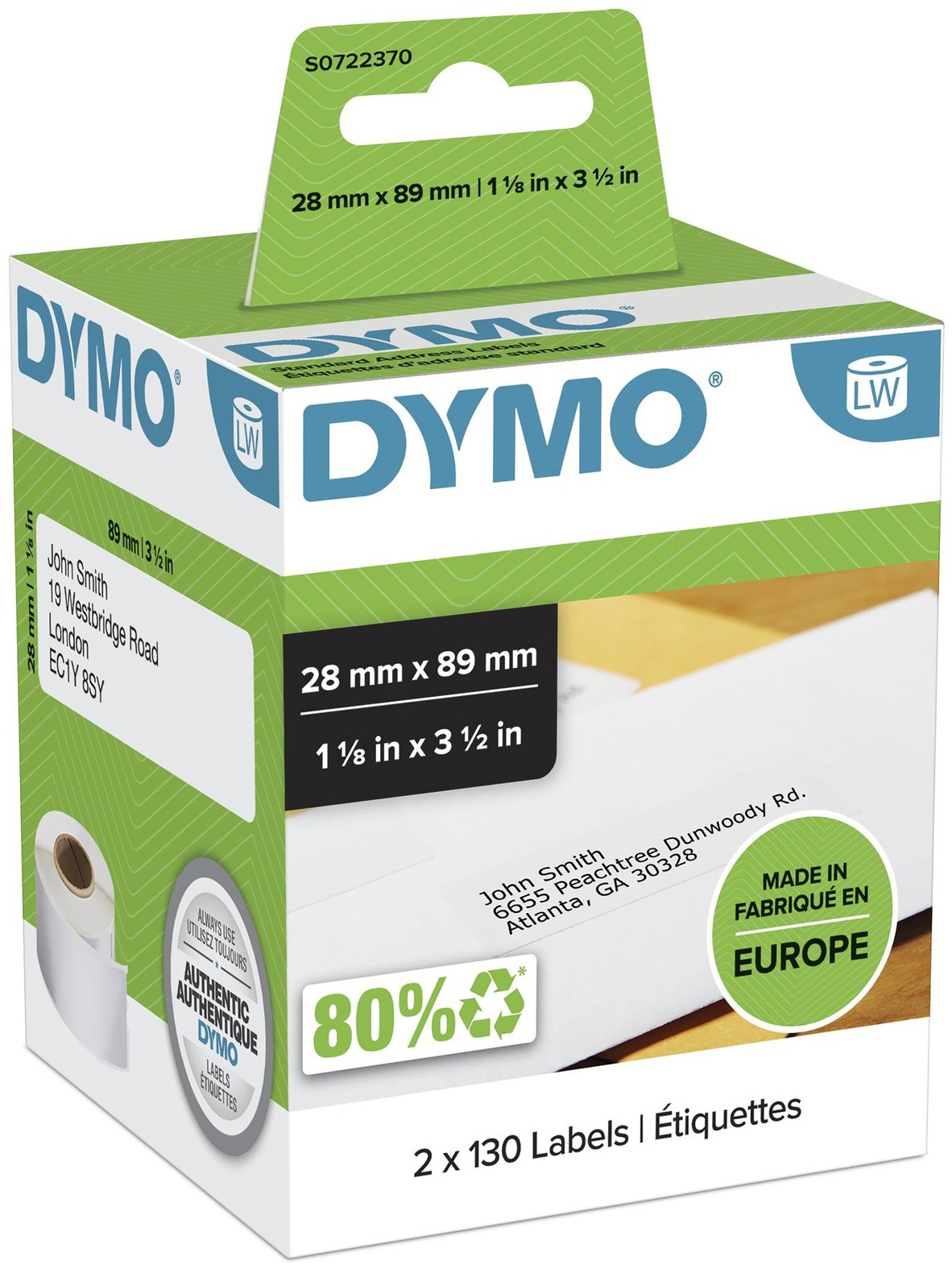 Dymo Etikettenrolle S0722370 (2 Rollen) | 28x89 mm | Weiß