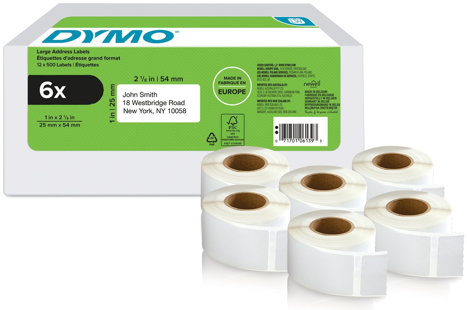 Dymo Etikettenrolle 2177564 (6 Rollen) | 54x25 mm | Weiß