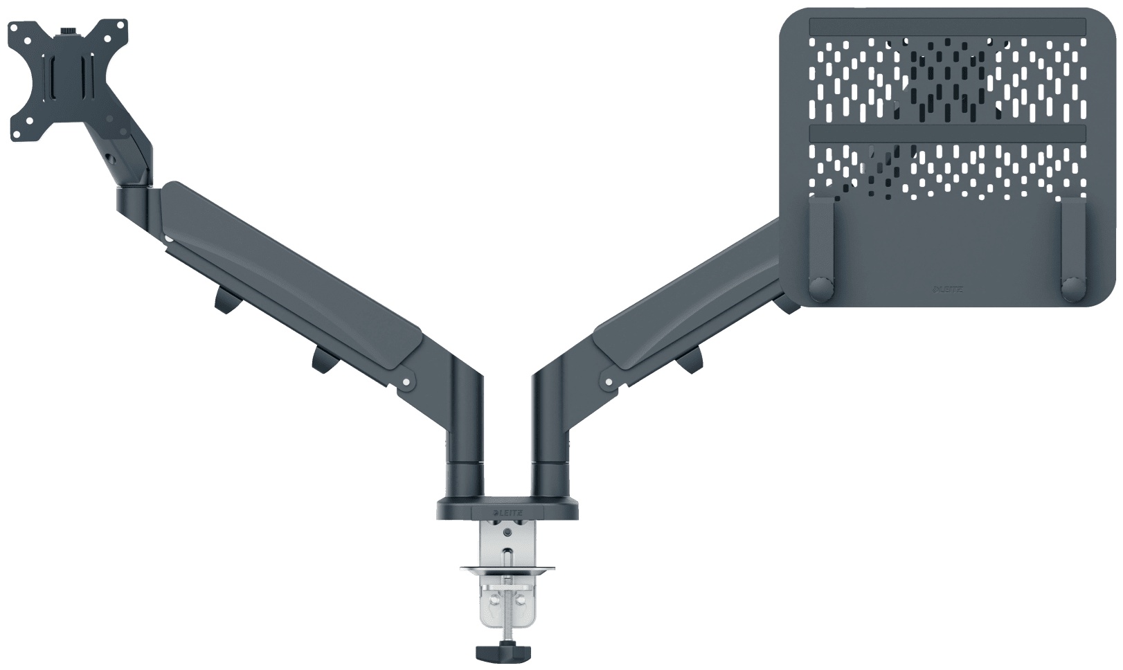 Leitz Ergo Monitor-Laptop-Arm | für 1 Monitor + Laptop | bis 32" | bis 9 kg | Tischklemme | höhenverstellbar | Dunkelgrau