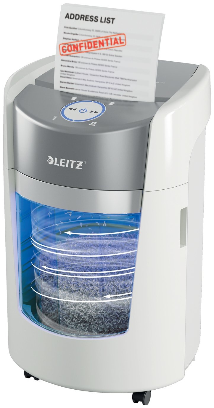Leitz IQ OptiMax Small Office 350 Aktenvernichter | P-5 Mikroschnitt | 8 Blatt | 22 l | Grau/Weiß