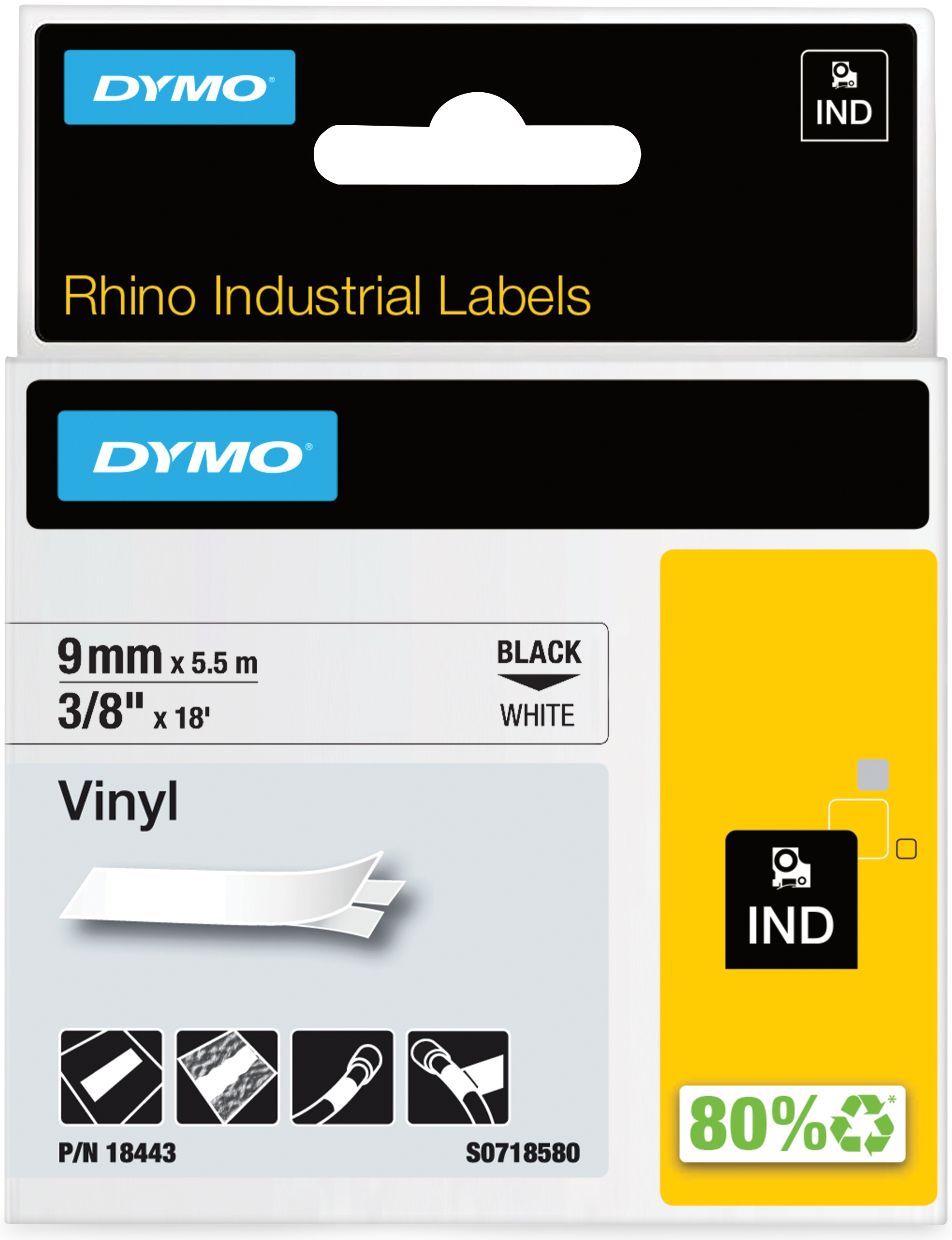 Dymo Schriftband RHINO 18443 | 9 mm | Schwarz auf Weiß | 5.5 m