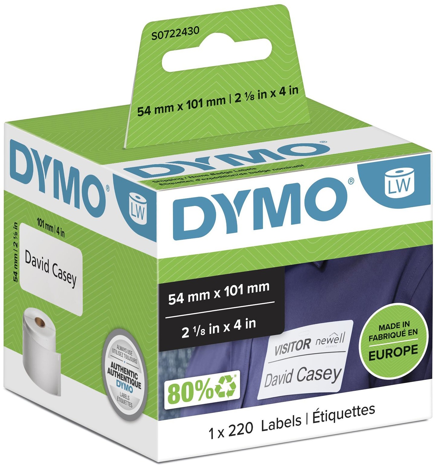 Dymo Etikettenrolle S0722430 | 54x101 mm | Weiß