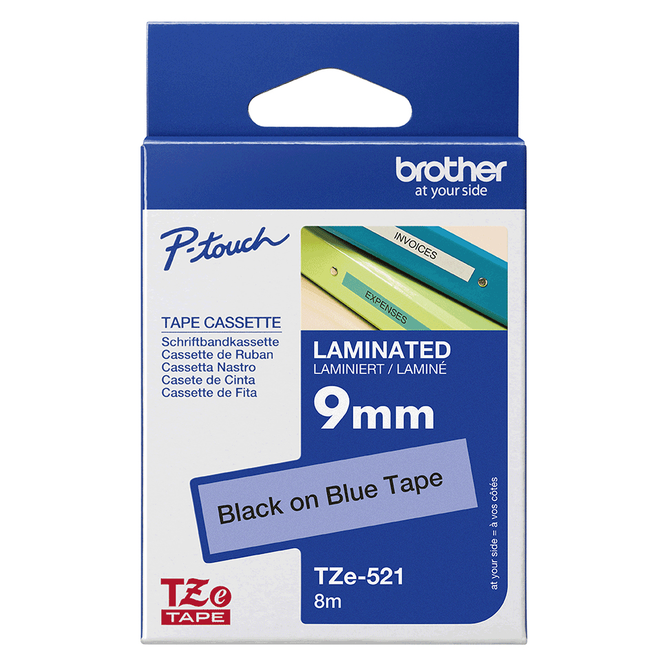 Brother Schriftband TZe-521 | 9 mm | Schwarz auf Blau | 8 m