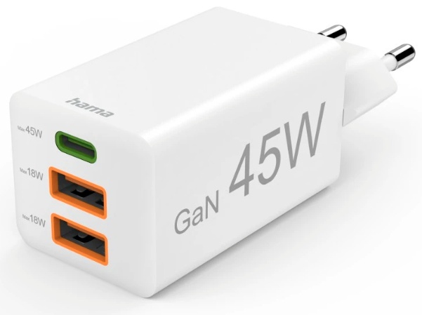 Hama GaN-Ladeadapter USB-C + 2× USB-A 45 W Weiß