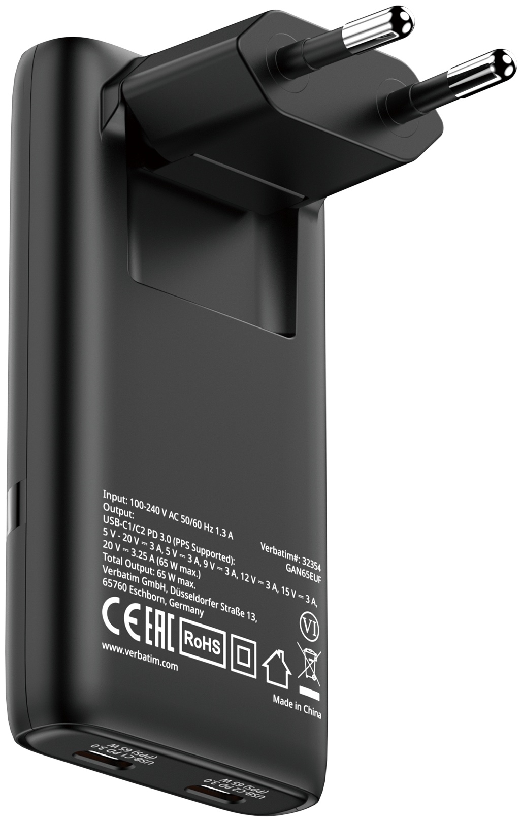 Verbatim Ladeadapter Fold 'n’ Go GaN III 2× USB-C 65 W