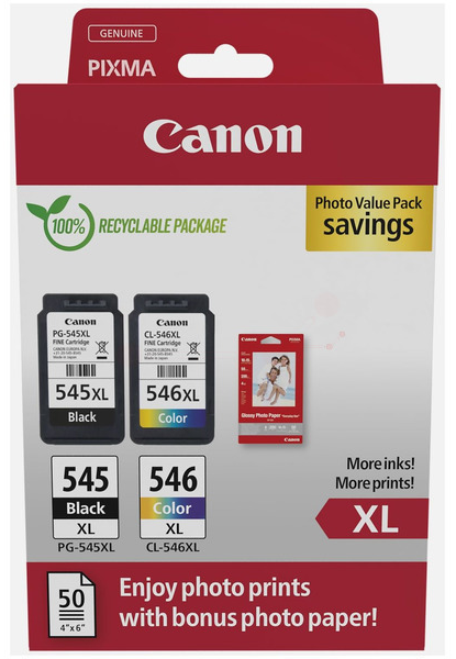 Canon PG-545 XL + CL-546 XL  schwarz, color Druckköpfe + Fotopapier, 2er-Set