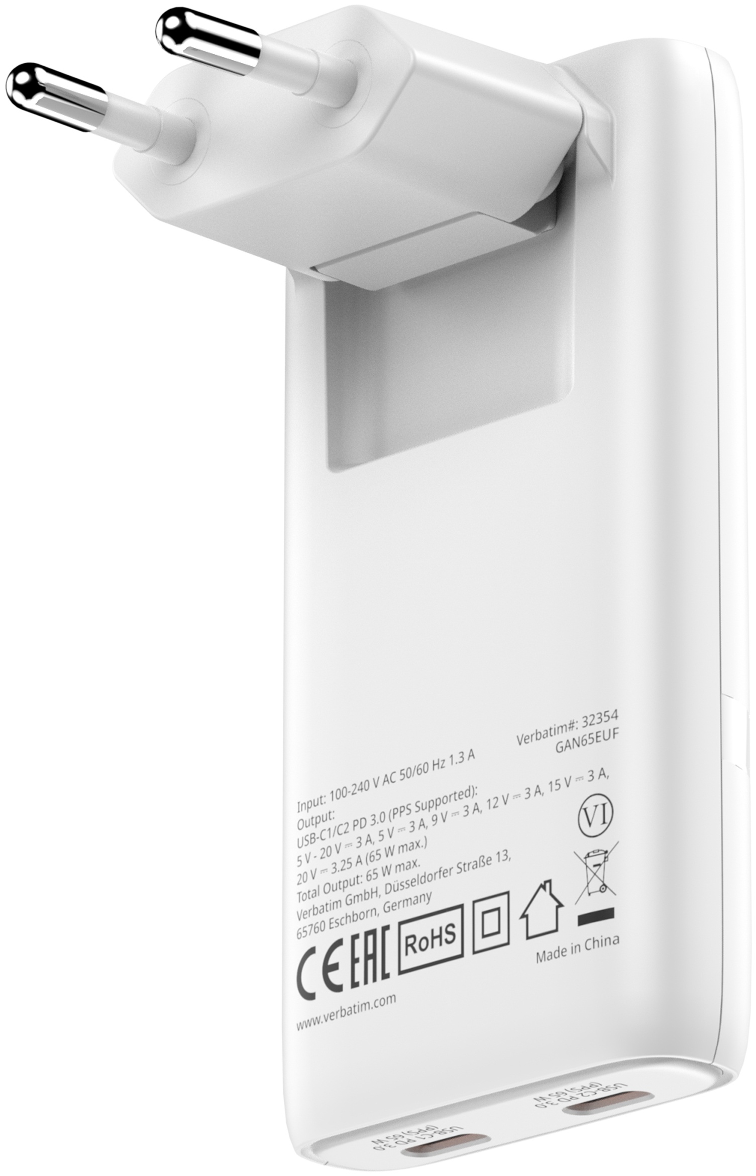 Verbatim Ladeadapter Fold 'n’ Go GaN III 2× USB-C 65 W Weiß