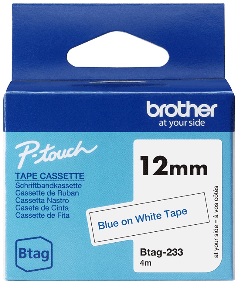 Brother Schriftband Btag BTAG233 | 12 mm | Blau auf Weiß | 4 m