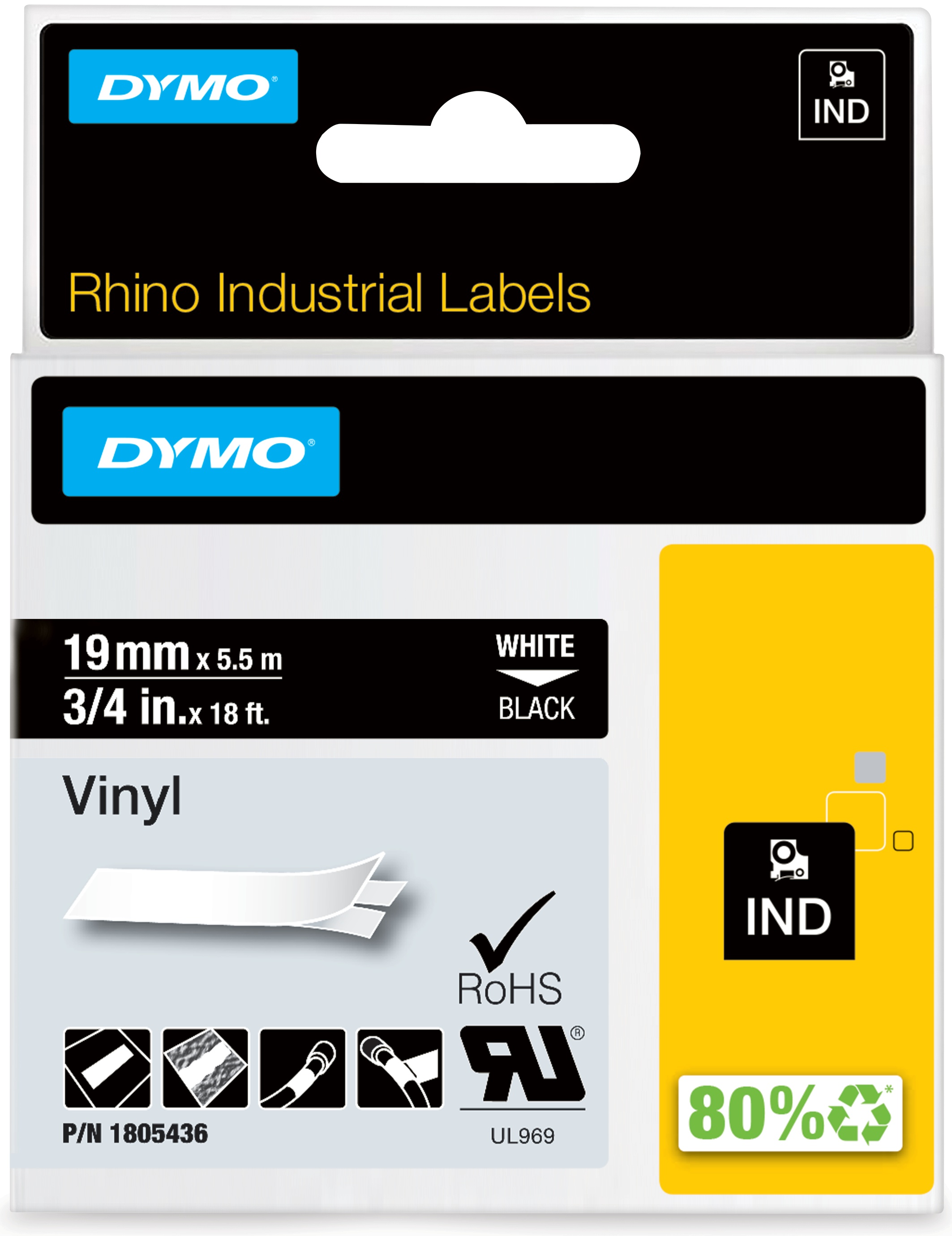 Dymo Schriftband RHINO 1805436 | 19 mm | Weiß auf Schwarz | 5.5 m