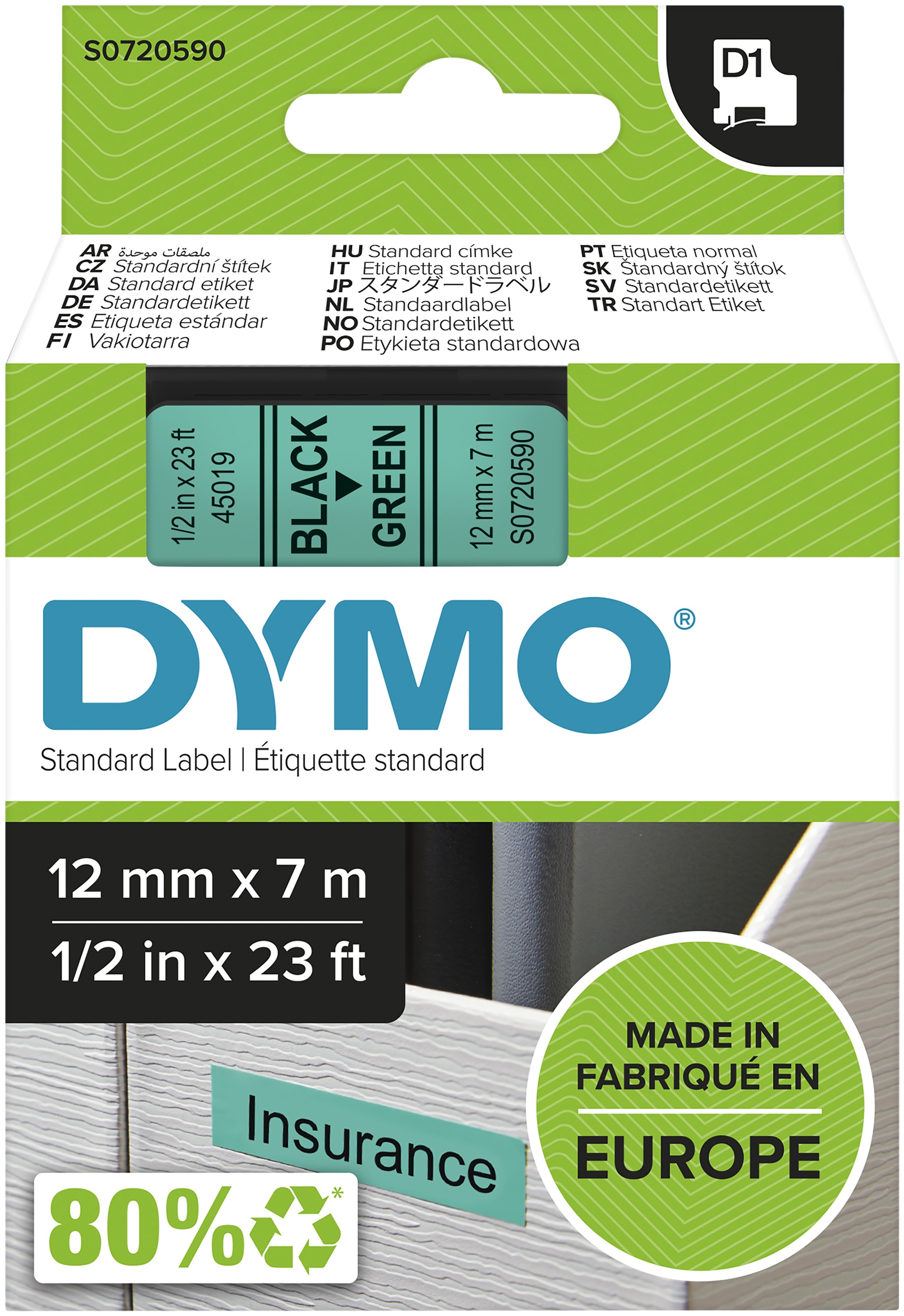 Dymo Schriftband D1 45019 | 12 mm | Schwarz auf Grün | 7 m