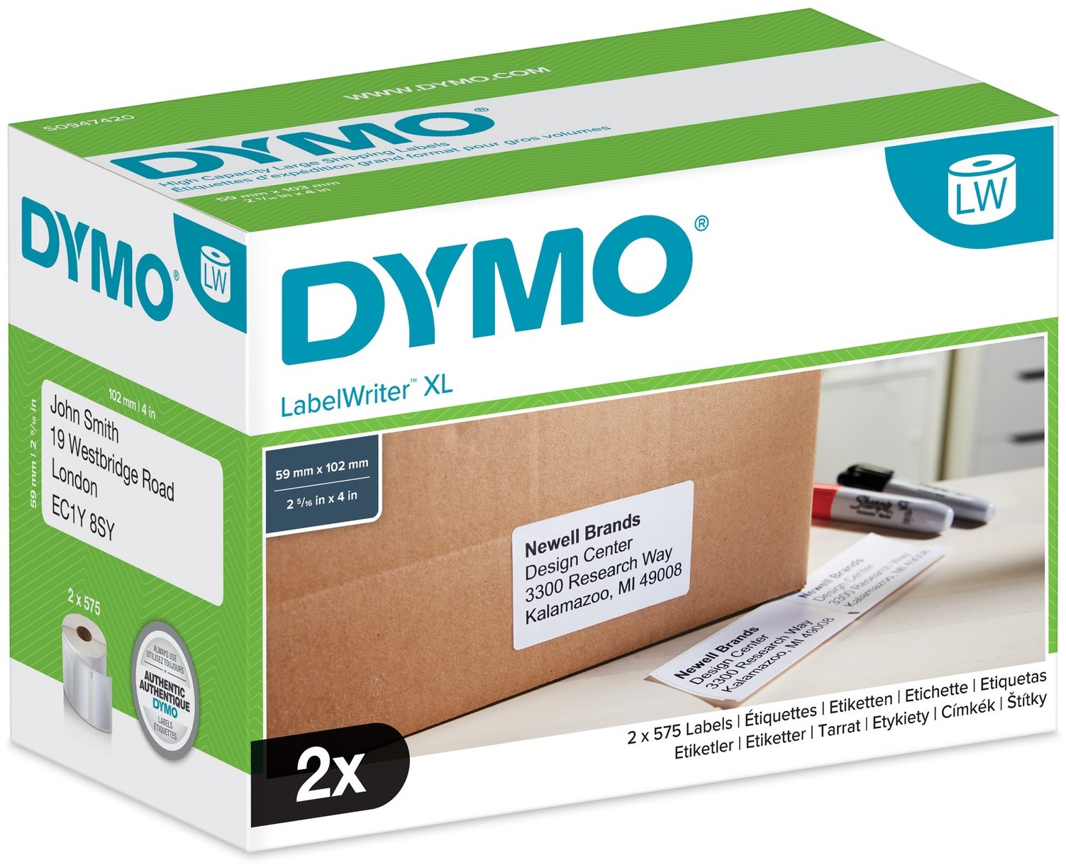 Dymo Etikettenrolle S0947420 (2 Rollen) | 102x59 mm | Weiß