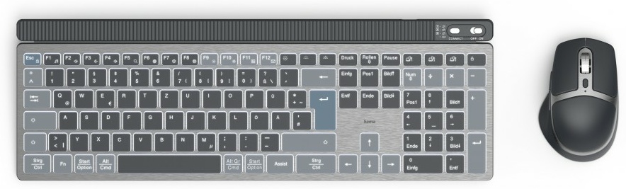 Hama WKM-750 Tastatur-Maus-Set | Bluetooth | QWERTZ (DE) | mit Ziffernblock | beleuchtet | Akku | Grau