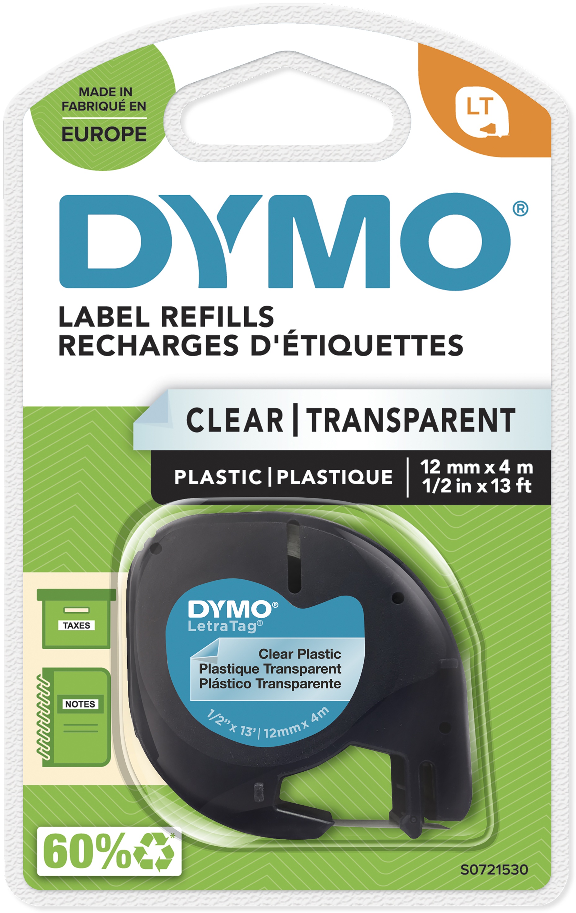 Dymo Schriftband LetraTag 16951 | 12 mm | Schwarz auf Transparent | 4 m