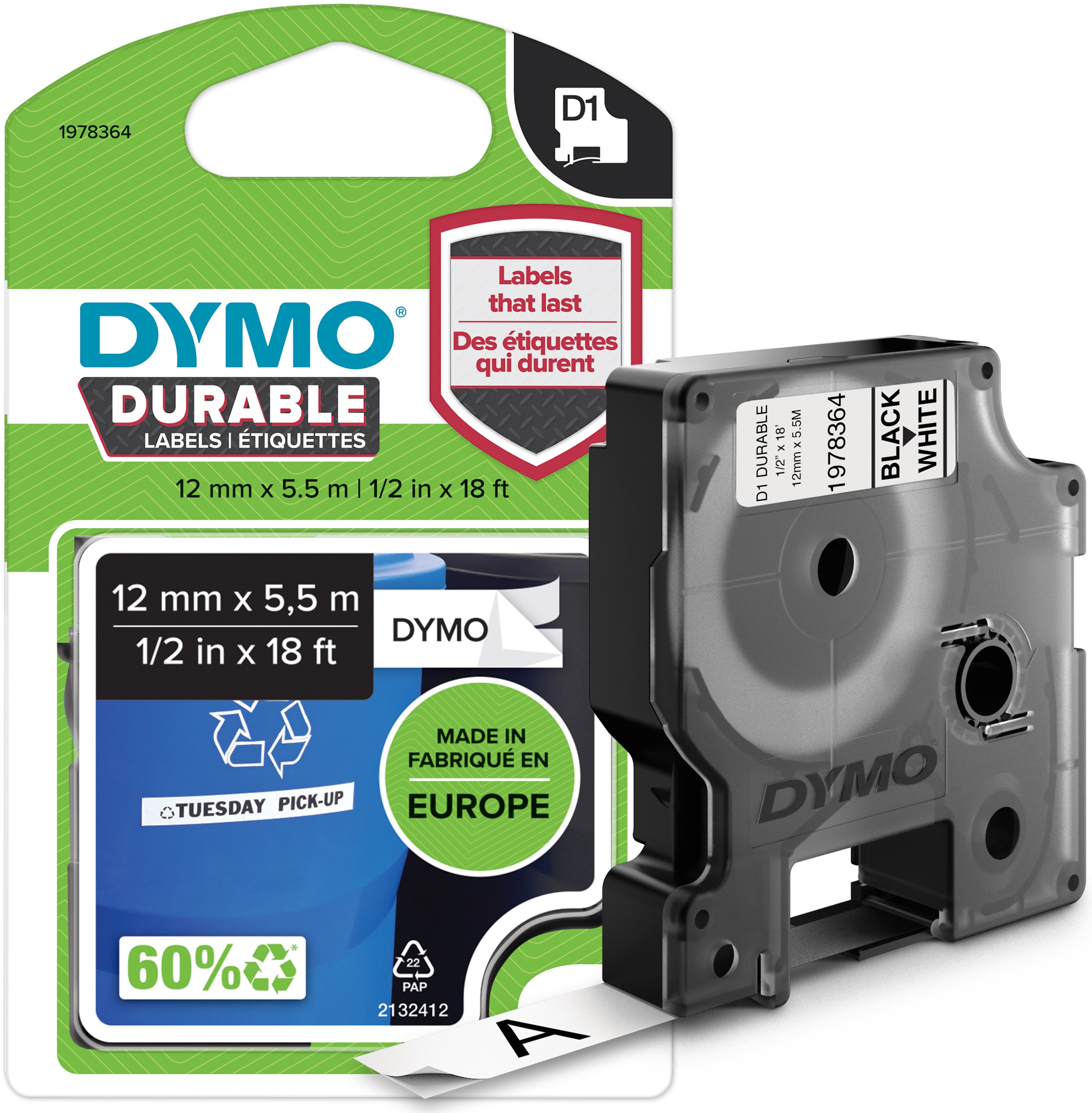 Dymo Schriftband D1 1978364 | 12 mm | Schwarz auf Weiß | 5.5 m