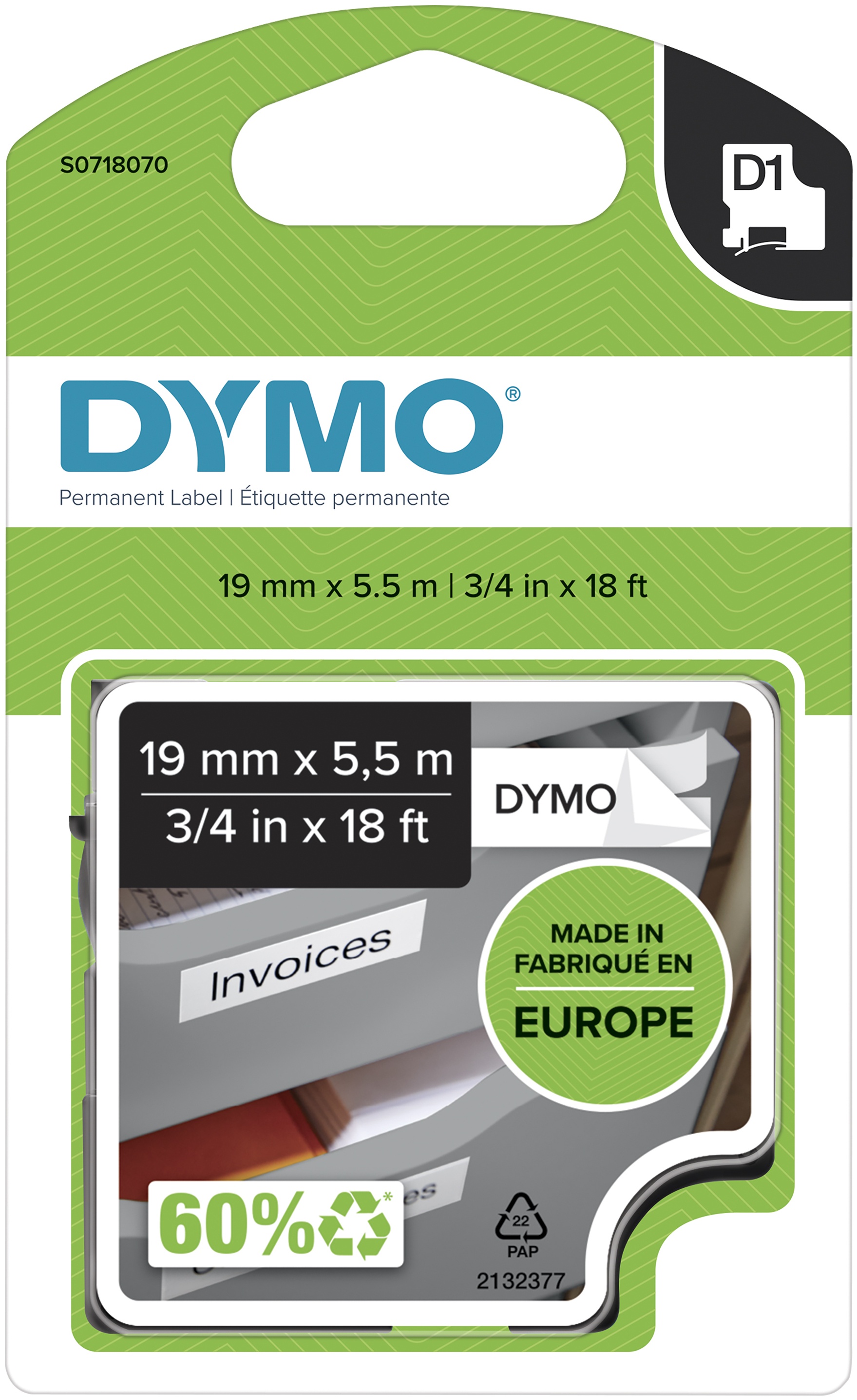 Dymo Schriftband D1 16960 | 19 mm | Schwarz auf Weiß | 5.5 m