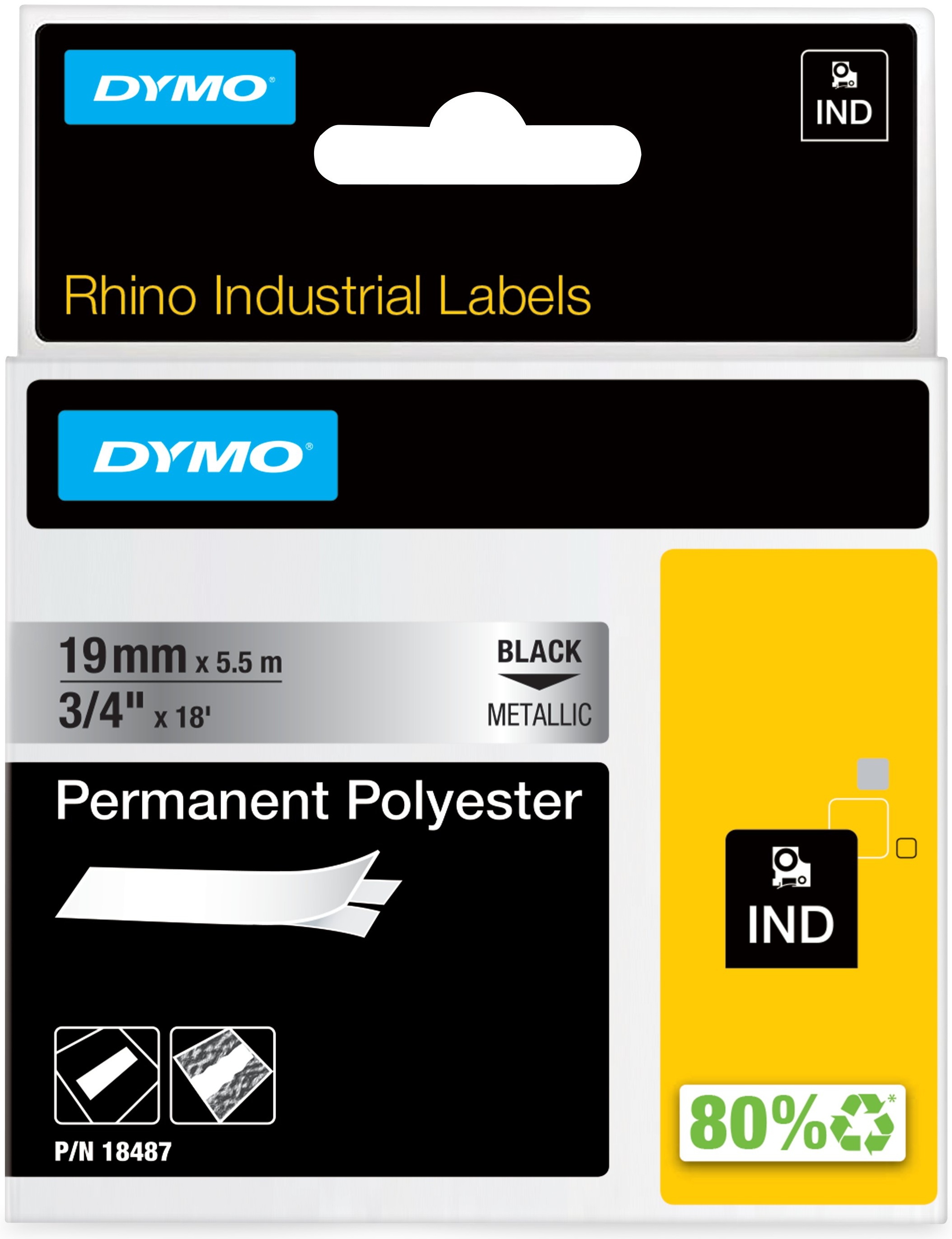 Dymo Schriftband RHINO 18487 | 19 mm | Schwarz auf Silber | 5.5 m