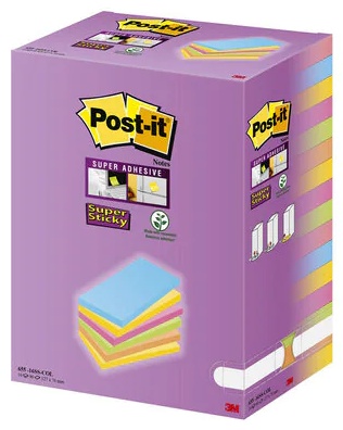 Post-it® Haftnotizen Super Sticky Notes Carnival | Blau, Grün, Orange, Pink, Gelb | 90 Blatt/Block | 16er-Pack (655-16SS-COL)