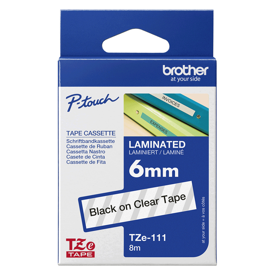 Brother Schriftband TZe-111 | 6 mm | Schwarz auf Transparent | 8 m