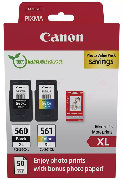 Canon PG-560XL + CL-561XL  schwarz, color Druckköpfe + Fotopapier, 2er-Set