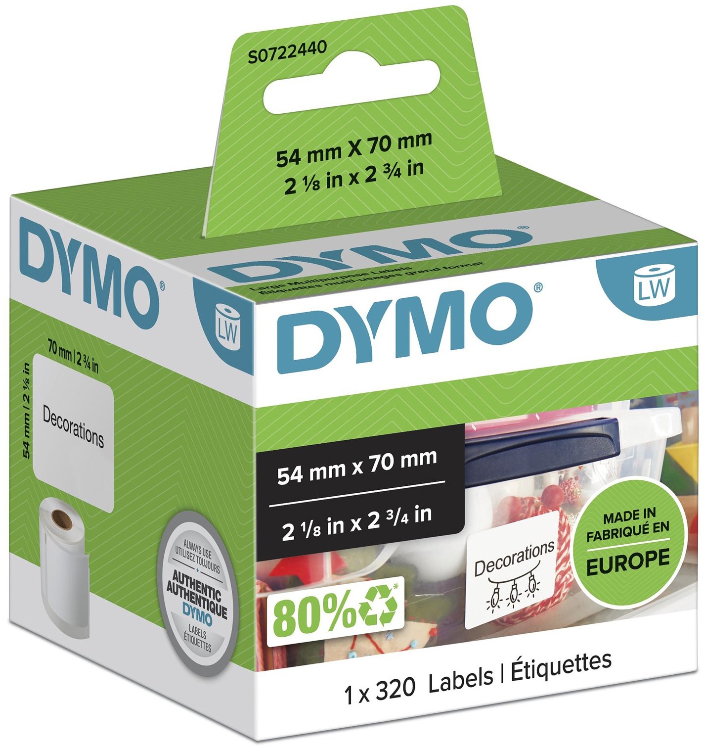 Dymo Etikettenrolle S0722440 | 54x70 mm | Weiß