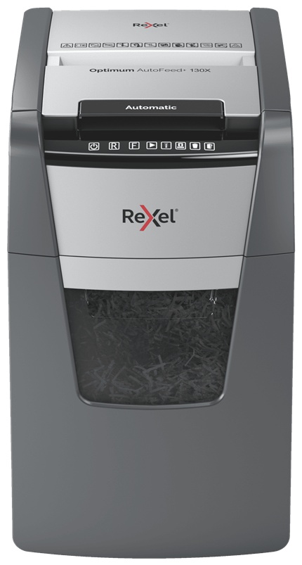 Rexel Optimum AutoFeed+ 130X Aktenvernichter | P-4 Partikelschnitt | 130 Blatt Autofeed | 44 l | Schwarz/Silber