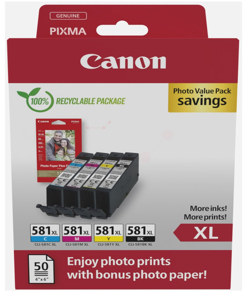 Canon CLI-581XL BK/C/M/Y  schwarz, cyan, magenta, gelb Druckerpatronen + Fotopapier, 4er-Set