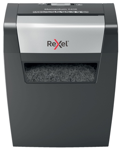 Rexel Momentum X406 Aktenvernichter | P-4 Partikelschnitt | 6 Blatt | 15 l | Blau/Grau