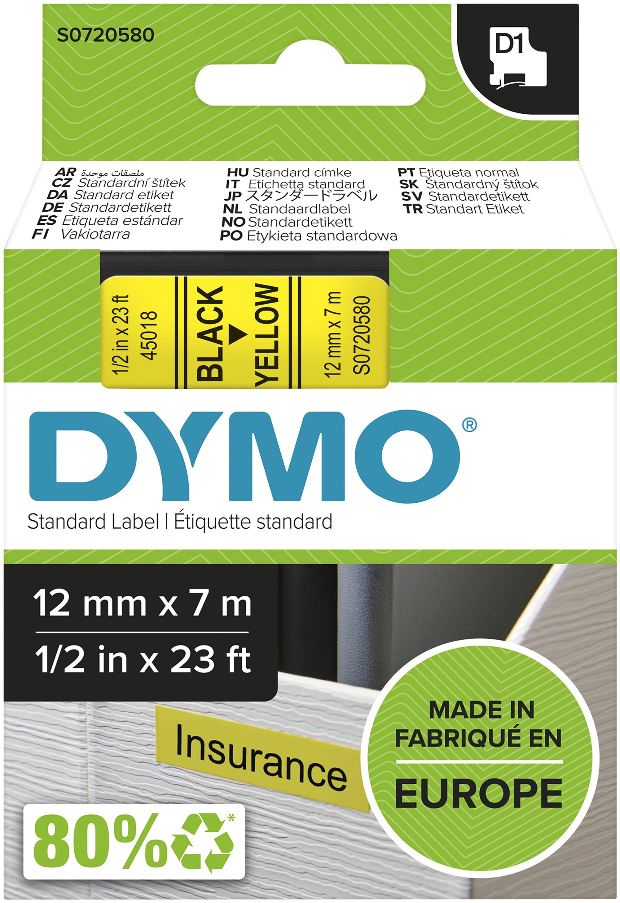 Dymo Schriftband D1 45018 | 12 mm | Schwarz auf Gelb | 7 m