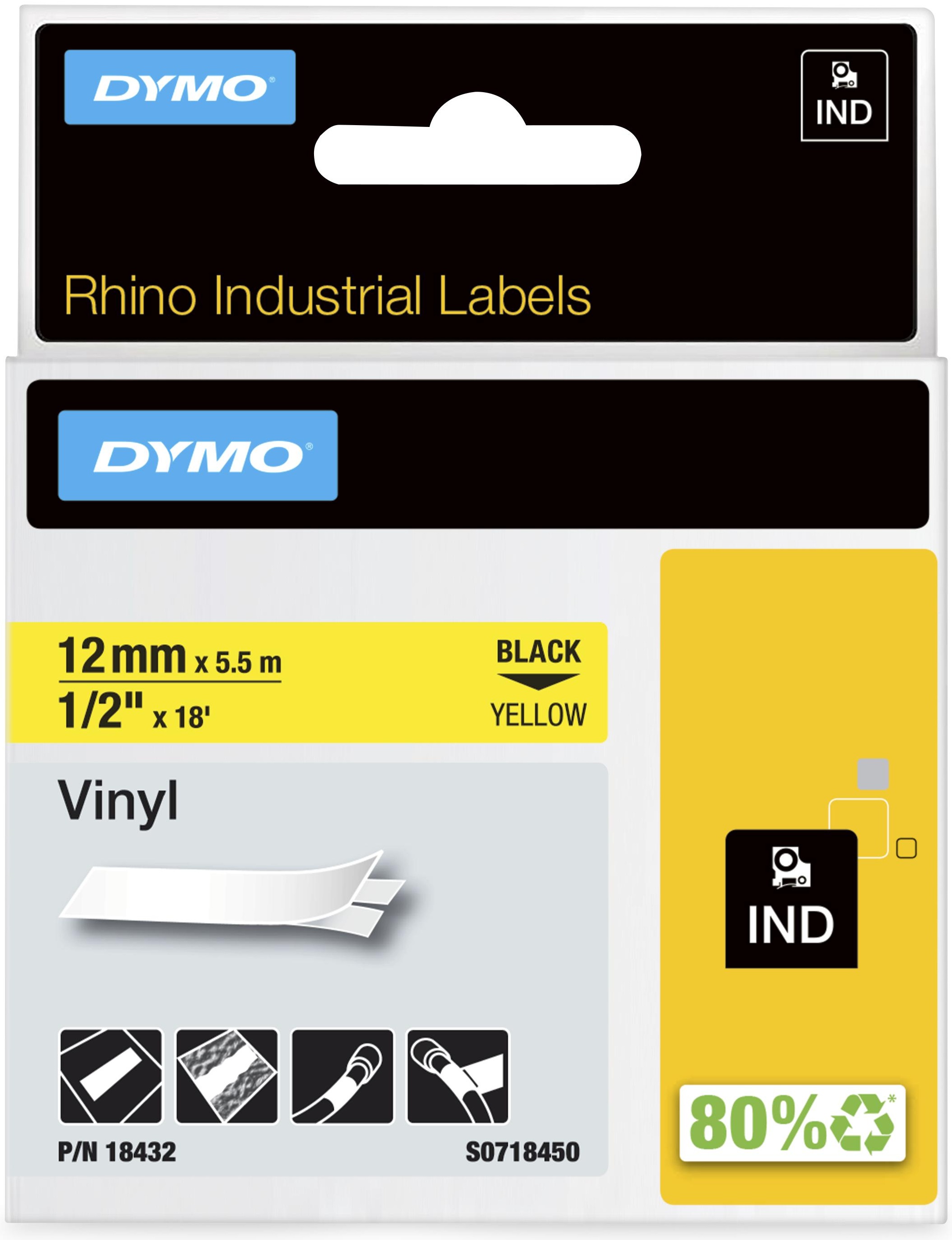 Dymo Schriftband RHINO 18432 | 12 mm | Schwarz auf Gelb | 5.5 m
